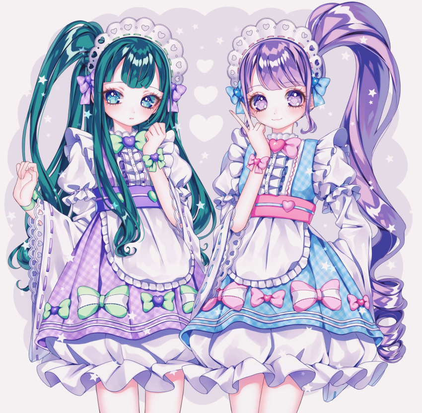 2girls adapted_costume ao_(ao0_0nemu) apron bad_id bad_twitter_id blue_dress blue_eyes blunt_bangs bow closed_mouth commentary_request cowboy_shot dress frilled_apron frilled_dress frills green_hair hand_up hands_up highres long_hair long_sleeves looking_at_viewer maid_headdress manaka_non multiple_girls pink_bow pretty_series pripara puffy_sleeves purple_dress purple_hair side_ponytail smile standing tsukikawa_chili v very_long_hair violet_eyes white_apron wide_sleeves