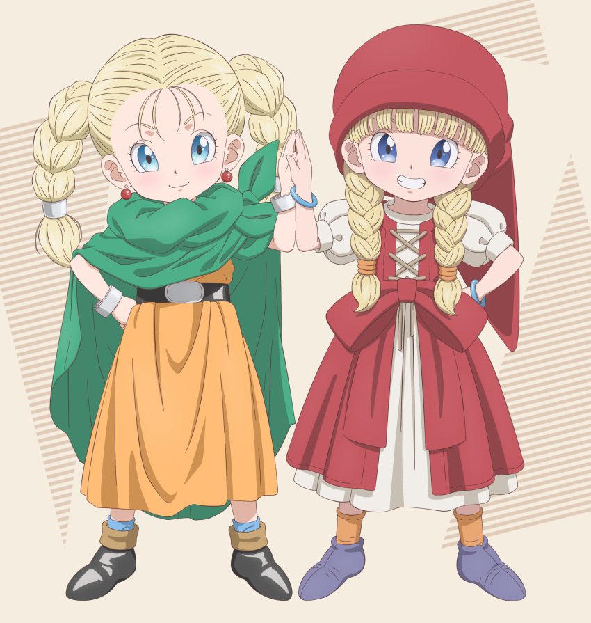 2girls bianca_(dq5) blonde_hair blue_eyes bracelet braid cape child dragon_quest dress earrings gensei00 green_cape grin highres holding_hands in-franchise_crossover jewelry layered_dress looking_at_viewer multiple_girls orange_robe puffy_short_sleeves puffy_sleeves red_dress red_hat robe short_sleeves smile standing twin_braids veronica_(dq11)