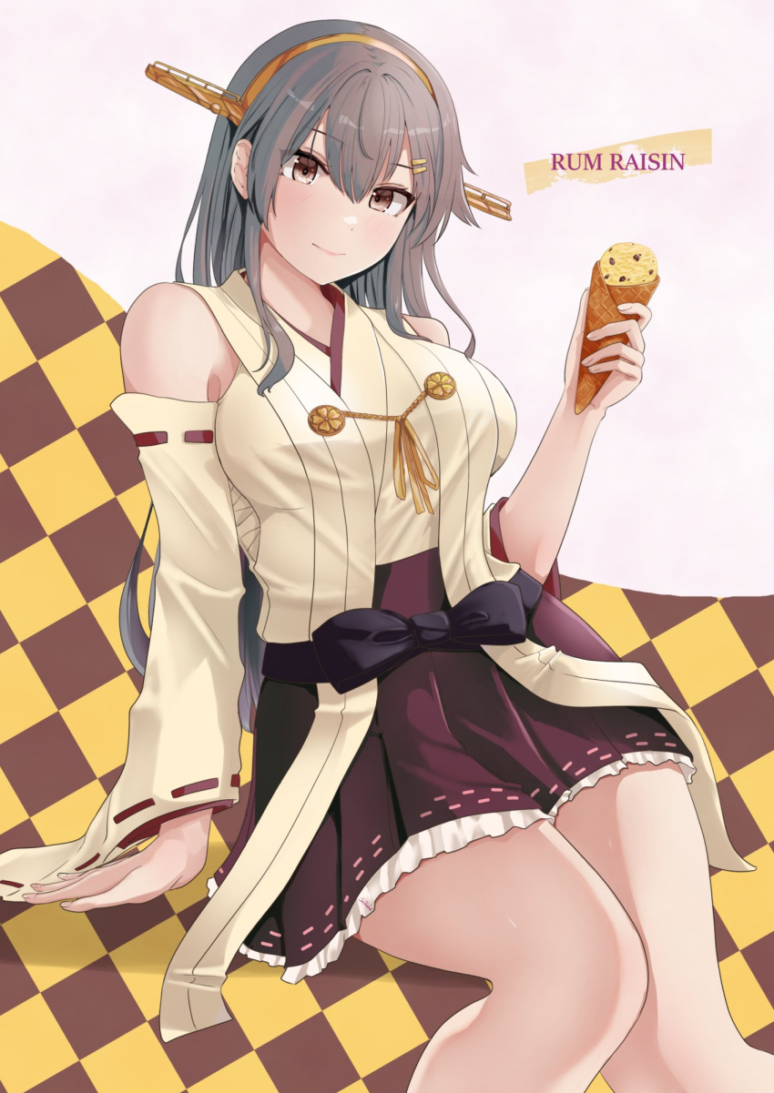 1girl bare_shoulders black_hair breasts brown_eyes checkered_background closed_mouth commentary_request detached_sleeves english_text hair_between_eyes hair_ornament hairclip haruna_(kancolle) haruna_kai_ni_(kancolle) headgear highres holding holding_ice_cream_cone ice_cream_cone invisible_chair japanese_clothes jouzaburou_(joe3) kantai_collection kimono large_breasts long_hair looking_at_viewer nontraditional_miko red_skirt ribbon-trimmed_sleeves ribbon_trim sitting skirt smile solo white_kimono wide_sleeves