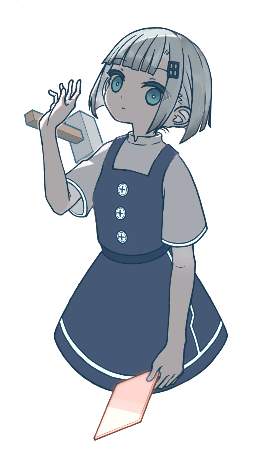 1girl blue_dress blue_eyes blunt_bangs blunt_ends bright_pupils buttons closed_mouth commentary_request cropped_legs dress expressionless grey_hair grey_shirt hammer hand_up highres holding indie_virtual_youtuber looking_at_viewer oota_mato pinafore_dress shirt short_hair short_sleeves sidelocks simple_background sleeveless sleeveless_dress solo text_hair_ornament throwing uewtsol virtual_youtuber white_background white_pupils