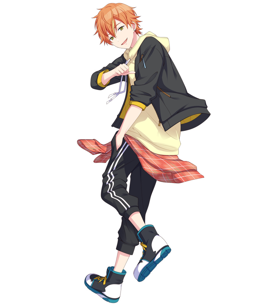 1boy :d black_jacket black_pants blonde_hair clothes_around_waist earrings from_side full_body green_eyes hair_between_eyes highres hood hoodie jacket jacket_around_waist jewelry looking_at_viewer male_focus multicolored_hair non-web_source official_art orange_hair pants plaid plaid_jacket pointing pointing_at_self project_sekai shinonome_akito shoes short_hair smile sneakers solo streaked_hair tachi-e transparent_background yellow_hoodie