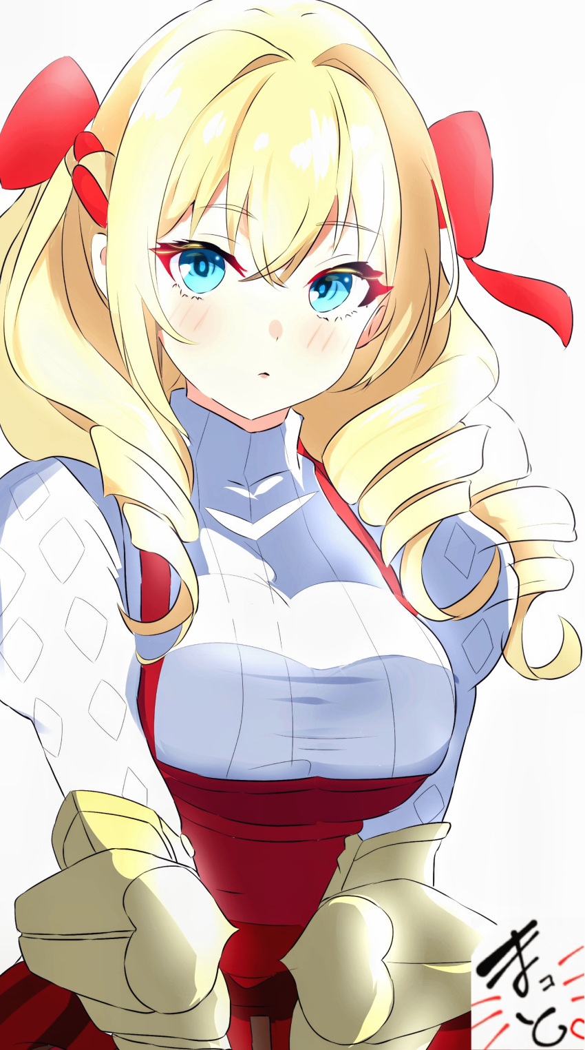 1girl absurdres blonde_hair blue_eyes blush bow commentary_request dress drill_hair eyelashes hair_between_eyes hair_intakes hair_ribbon highres looking_at_viewer makoto_x red_bow red_dress ribbon ringlets scarlett_(unicorn_overlord) solo unicorn_overlord upper_body white_background