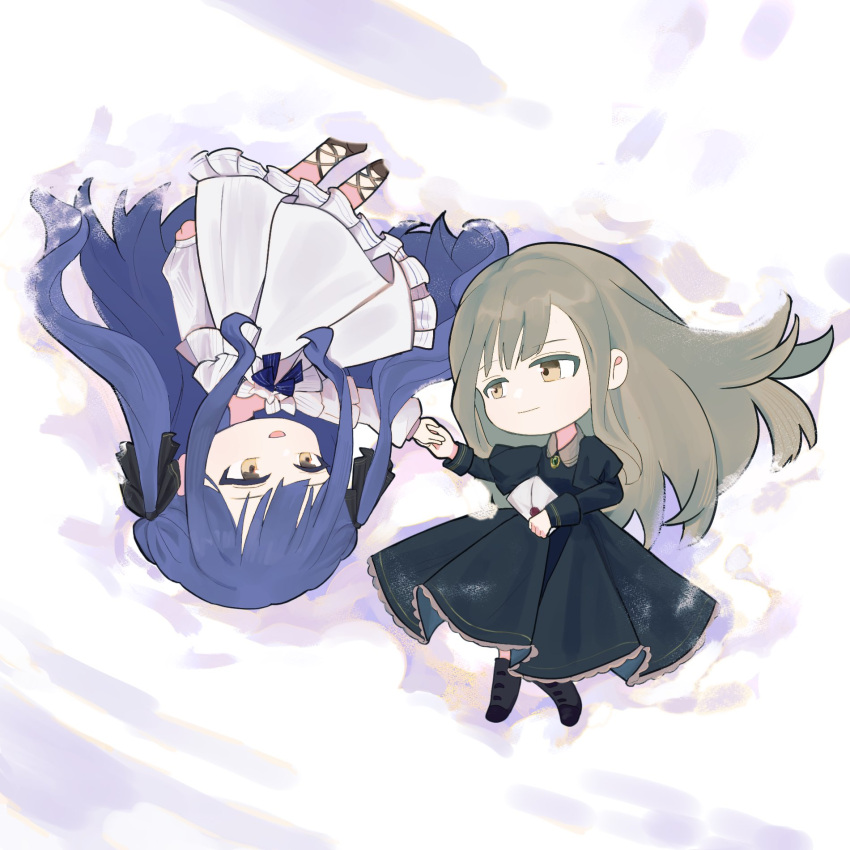 2girls bang_dream! bang_dream!_it's_mygo!!!!! black_dress black_footwear black_ribbon blue_hair chibi chinese_commentary closed_mouth commentary_request dress from_above full_body hair_ribbon highres holding holding_hands holding_letter letter long_hair multiple_girls open_mouth outdoors ribbon sigangsan smile snow togawa_sakiko two_side_up wakaba_mutsumi white_dress yellow_eyes