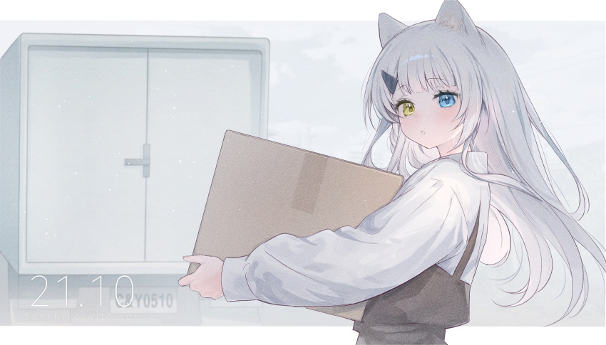 1girl absurdres animal_ears blue_eyes box cat_ears chiyuki0321 commentary_request english_text floating_hair hair_ornament hairclip heterochromia highres holding holding_box light_particles long_hair long_sleeves looking_at_viewer original parted_lips shirt solo timestamp upper_body white_hair white_shirt yellow_eyes