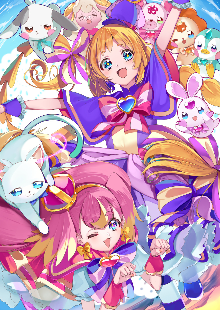 2girls :3 :d absurdres arms_up bear bird blonde_hair blue_eyes blush_stickers bow bow_earrings braid bright_pupils brooch brown_eyes capelet cat crown cure_friendy cure_wonderful daifuku_(precure) deerstalker dress earrings frilled_wrist_cuffs frills hair_bow hairband hat heart heart_brooch highres inukai_iroha inukai_komugi jewelry jitome kirakin_penguin kirarin_bear kirarin_lion kirarin_rabbit lion long_hair looking_at_viewer magical_girl mey_mey_(precure) mini_crown mini_hat multicolored_bow multicolored_eyes multicolored_hair multiple_girls nekoyashiki_yuki nekoyashiki_yuki_(cat) open_mouth paw_pose penguin pink_bow pink_dress pink_hair pink_wrist_cuffs pouch precure purple_bow purple_capelet purple_dress purple_hat purple_wrist_cuffs rabbit ram_(animal) short_dress smile streaked_hair striped_bow thick_eyebrows twin_braids two-tone_hair two_side_up violet_eyes white_cat wonderful_precure! wrist_cuffs yellow_bow yellow_hairband yuutarou_(fukiiincho)