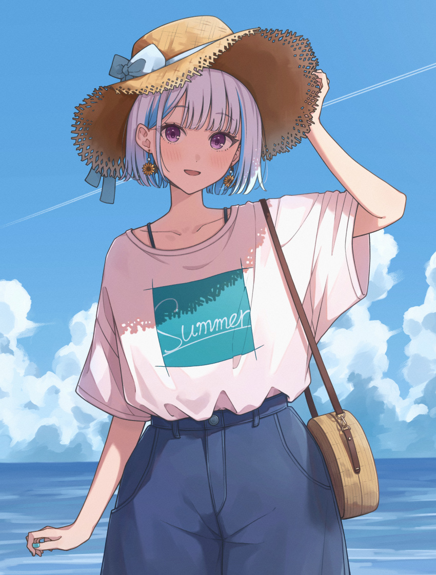 1girl absurdres alternate_costume blue_hair blue_shorts blue_sky blush brown_bag brown_hat clouds commentary_request cowboy_shot day drop_earrings earrings ene_mizunoawa hand_up hat highres jewelry lize_helesta looking_at_viewer multicolored_hair nijisanji ocean open_mouth outdoors shirt shirt_tucked_in short_hair short_sleeves shorts sky smile solo standing straw_hat streaked_hair sunflower_earring violet_eyes virtual_youtuber white_hair white_shirt wide_sleeves