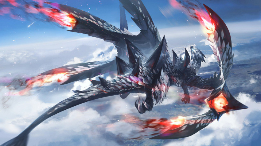 above_clouds animal_focus blue_eyes blue_sky claws clouds crimson_glow_valstrax day dragon fire flying from_above full_body glowing monster monster_hunter_(series) no_humans outdoors scales shooting_star sky solo spikes valstrax western_dragon wings xilan_tea