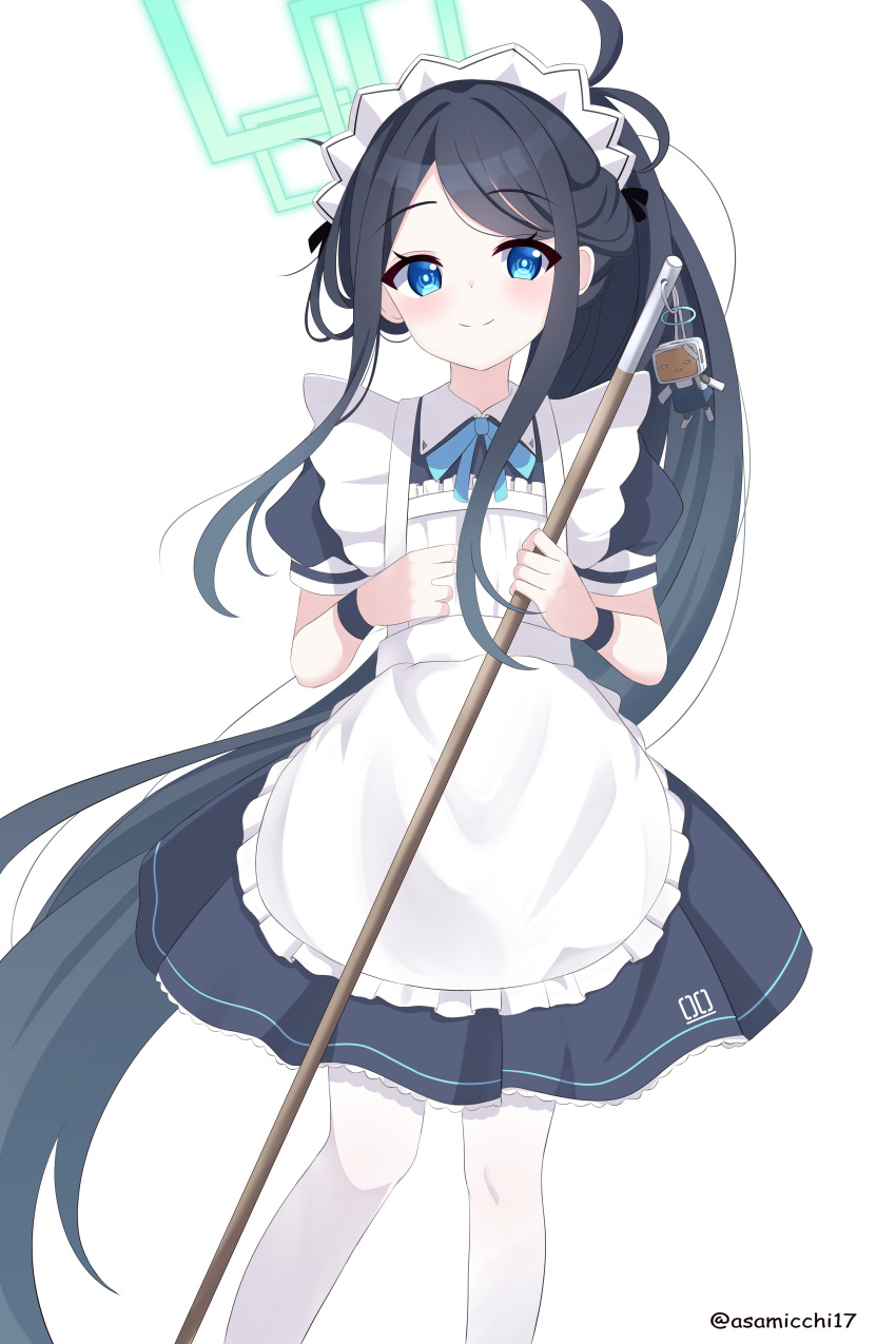 &lt;key&gt;_(robot)_(blue_archive) 1girl absurdres apron aris_(blue_archive) aris_(maid)_(blue_archive) asamicchi17 black_hair blue_archive blue_eyes blue_pupils blush broom closed_mouth commentary_request green_halo halo highres holding holding_broom long_hair maid maid_apron maid_headdress official_alternate_costume pantyhose ponytail puffy_short_sleeves puffy_sleeves short_sleeves simple_background smile solo standing very_long_hair white_apron white_background white_pantyhose