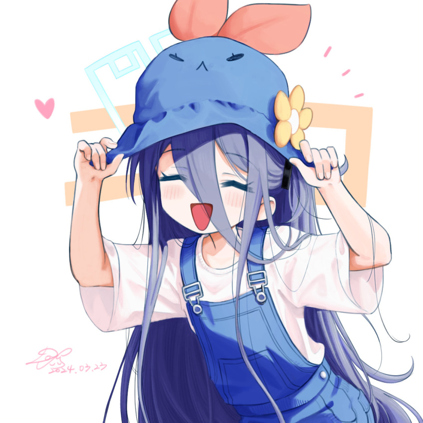 1girl absurdly_long_hair aris_(blue_archive) black_hair blue_archive blue_halo blue_hat blue_overalls blush closed_eyes dated dofus_(icyboon) fingernails halo hat heart long_hair open_mouth overalls shirt short_sleeves signature simple_background smile solo very_long_hair white_background white_shirt