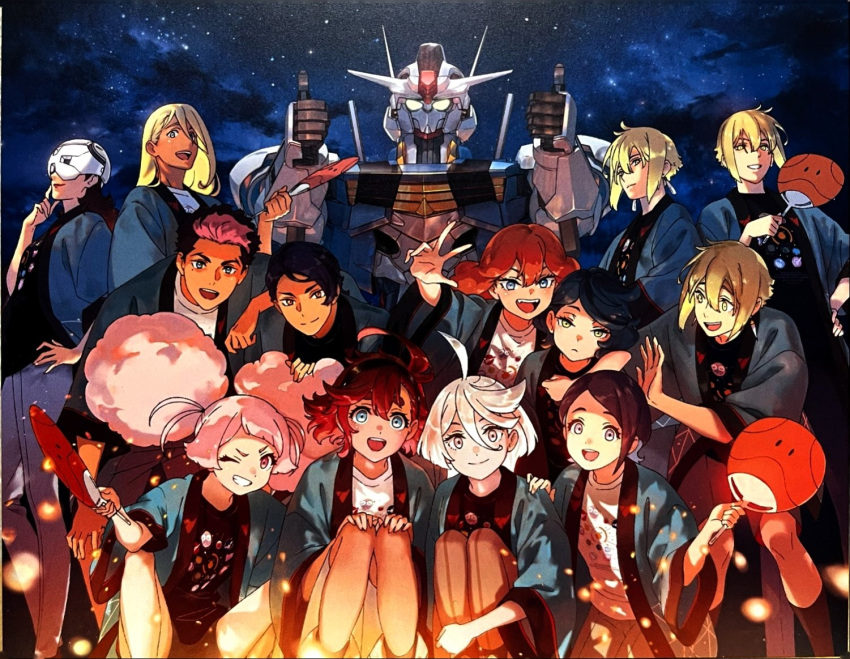 afro_puffs ahoge artist_request black_hairband blonde_hair blue_eyes brothers brown_hair chuatury_panlunch elan_ceres grey_eyes guel_jeturk gundam gundam_aerial gundam_suisei_no_majo hairband haro japanese_clothes low_ponytail mask miorine_rembran mobile_suit mother_and_daughter nika_nanaura one_eye_closed redhead short_hair siblings smile suletta_mercury thick_eyebrows