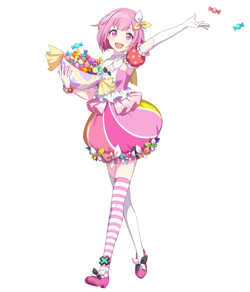 1girl :d asymmetrical_legwear bowl bracelet bubble_skirt candy detached_sleeves elbow_gloves food full_body gloves hair_ornament highres holding holding_bowl jewelry looking_at_viewer multicolored_clothes multicolored_skirt non-web_source official_art ootori_emu pink_eyes pink_footwear pink_hair polka_dot_sleeves project_sekai short_hair single_glove skirt sleeveless smile solo striped_clothes striped_thighhighs tachi-e thigh-highs throwing transparent_background white_gloves white_thighhighs