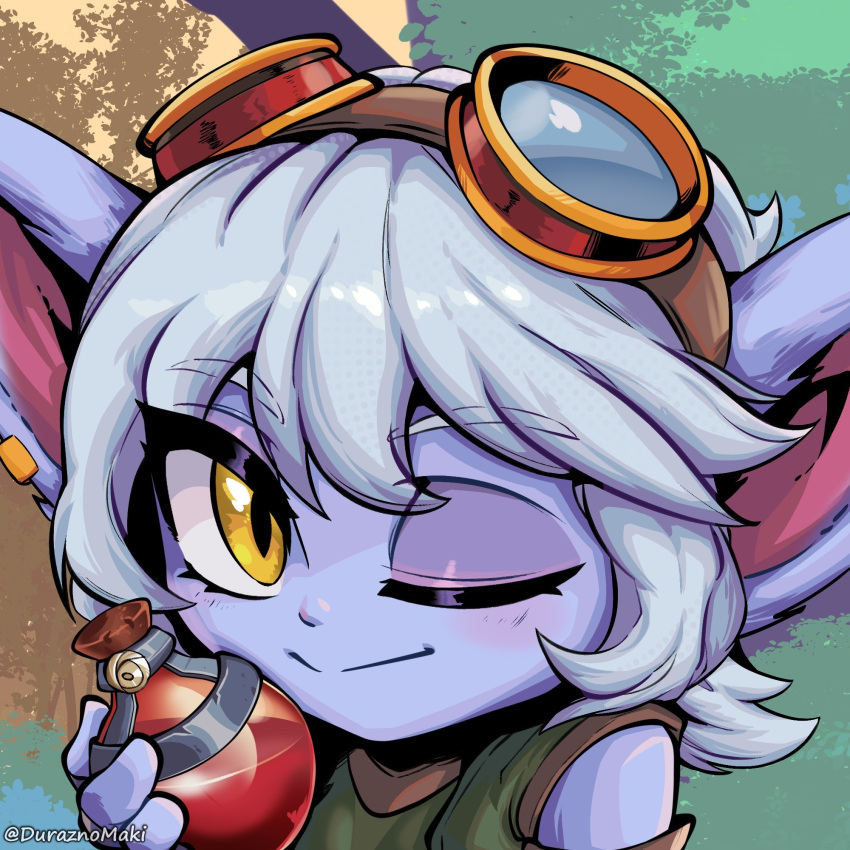 1girl ;) artist_name bare_shoulders bottle brown_shirt goggles goggles_on_head green_background grey_hair hair_between_eyes hand_up highres holding holding_bottle league_of_legends looking_at_viewer makishi_(duraznomaki) medium_hair one_eye_closed potion shirt smile solo tree tristana yellow_eyes