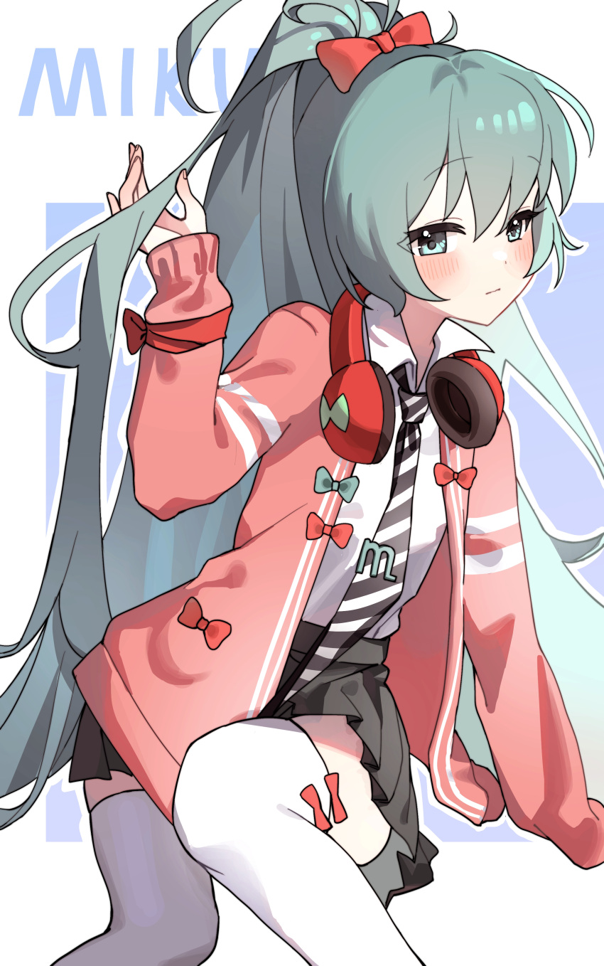 1girl absurdres blue_eyes blue_hair blush bow cardigan character_name collared_shirt elma07 hair_bow hatsune_miku headphones headphones_around_neck highres long_hair long_sleeves looking_at_viewer necktie ponytail project_diva_(series) ribbon_girl_(module) shirt skirt solo striped_necktie thigh-highs tie_clip very_long_hair vocaloid