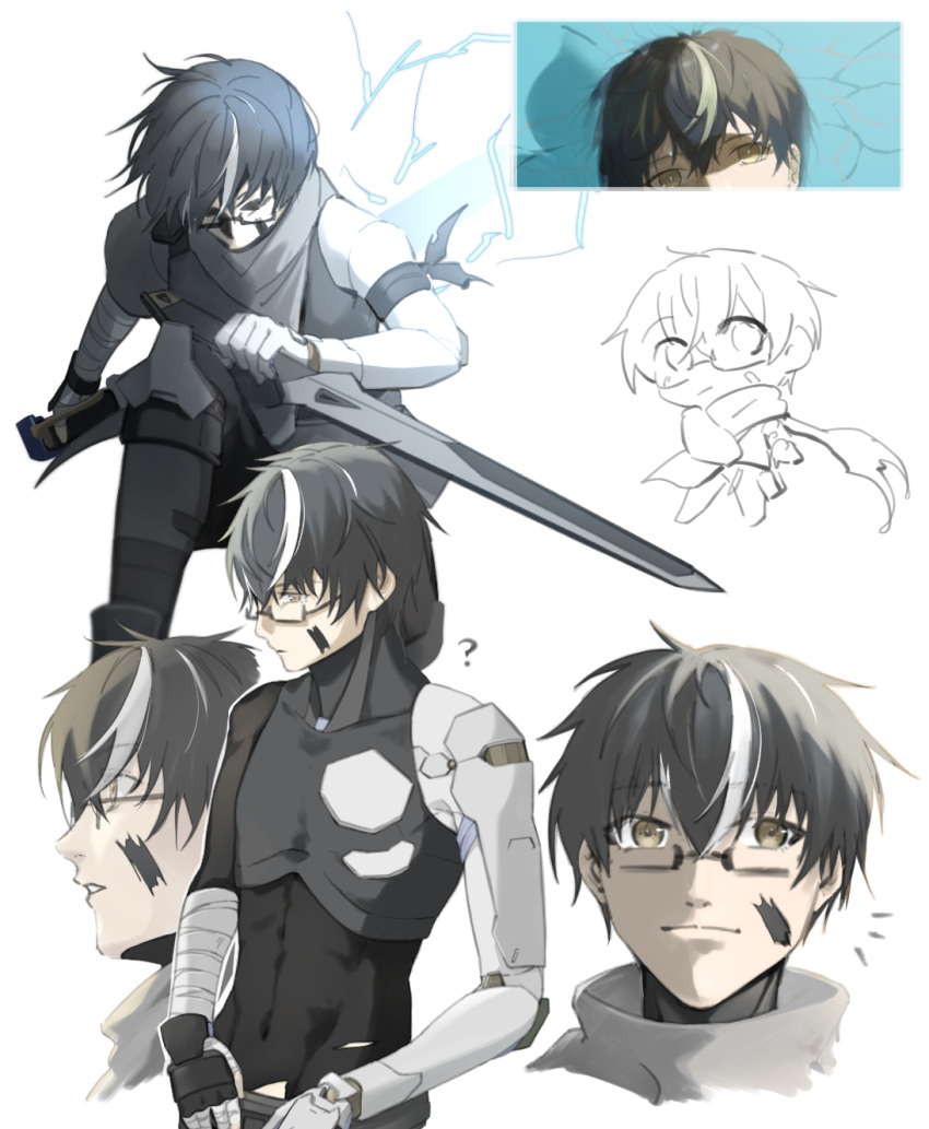 black_hair brown_eyes covered_navel dagger glasses hair_between_eyes highres holding holding_dagger holding_knife holding_weapon knife mechanical_arms multicolored_hair noan_(punishing:_gray_raven) ppig_p punishing:_gray_raven short_hair streaked_hair weapon white_background white_hair