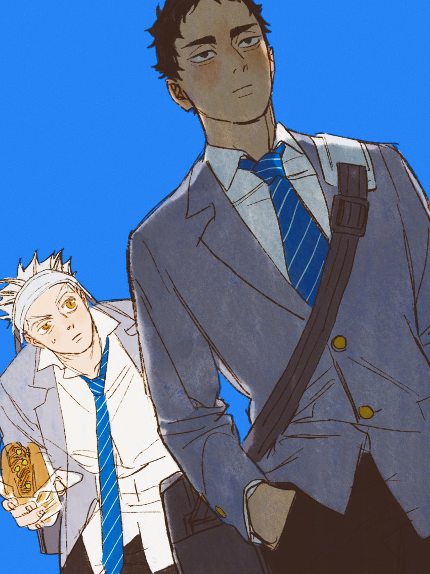 2boys akaashi_keiji bag black_bag black_eyes black_hair black_pants blue_background blue_necktie bokuto_koutarou chengongzi123 closed_mouth collared_shirt commentary food haikyuu!! hand_in_pocket hand_up highres holding holding_food looking_at_another male_focus multicolored_hair multiple_boys necktie pants school_uniform shirt short_hair shoulder_bag simple_background slit_pupils standing streaked_hair striped_necktie symbol-only_commentary thick_eyebrows upper_body very_short_hair white_hair white_shirt yellow_eyes