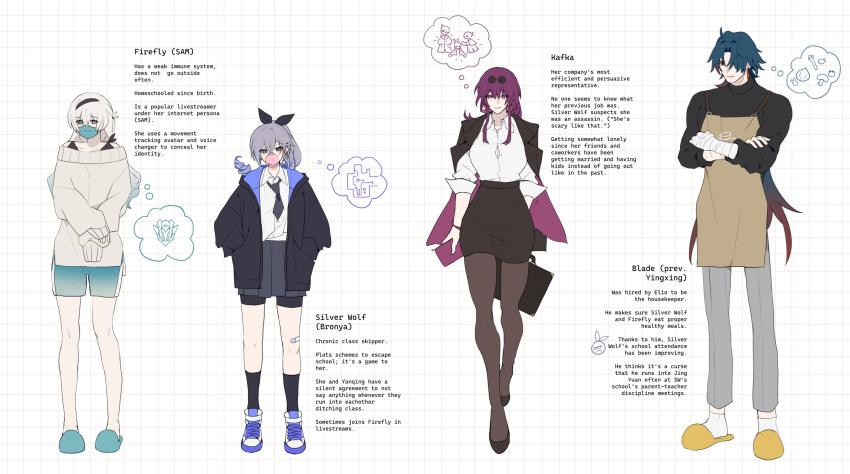 1boy 3girls absurdres apron bandaged_arm bandages black_coat black_jacket blade_(honkai:_star_rail) coat collared_shirt drill_hair drill_ponytail english_text eyewear_on_head firefly_(honkai:_star_rail) grey_hair hair_between_eyes hair_over_one_eye hand_in_pocket highres honkai:_star_rail honkai_(series) jacket kafka_(honkai:_star_rail) long_hair long_sleeves mask mouth_mask multiple_girls necktie off-shoulder_sweater off_shoulder office_lady purple_hair red_eyes sgrimp shirt shoes shorts silver_wolf_(honkai:_star_rail) skirt slippers sweater thigh-highs two-tone_eyes violet_eyes white_shirt