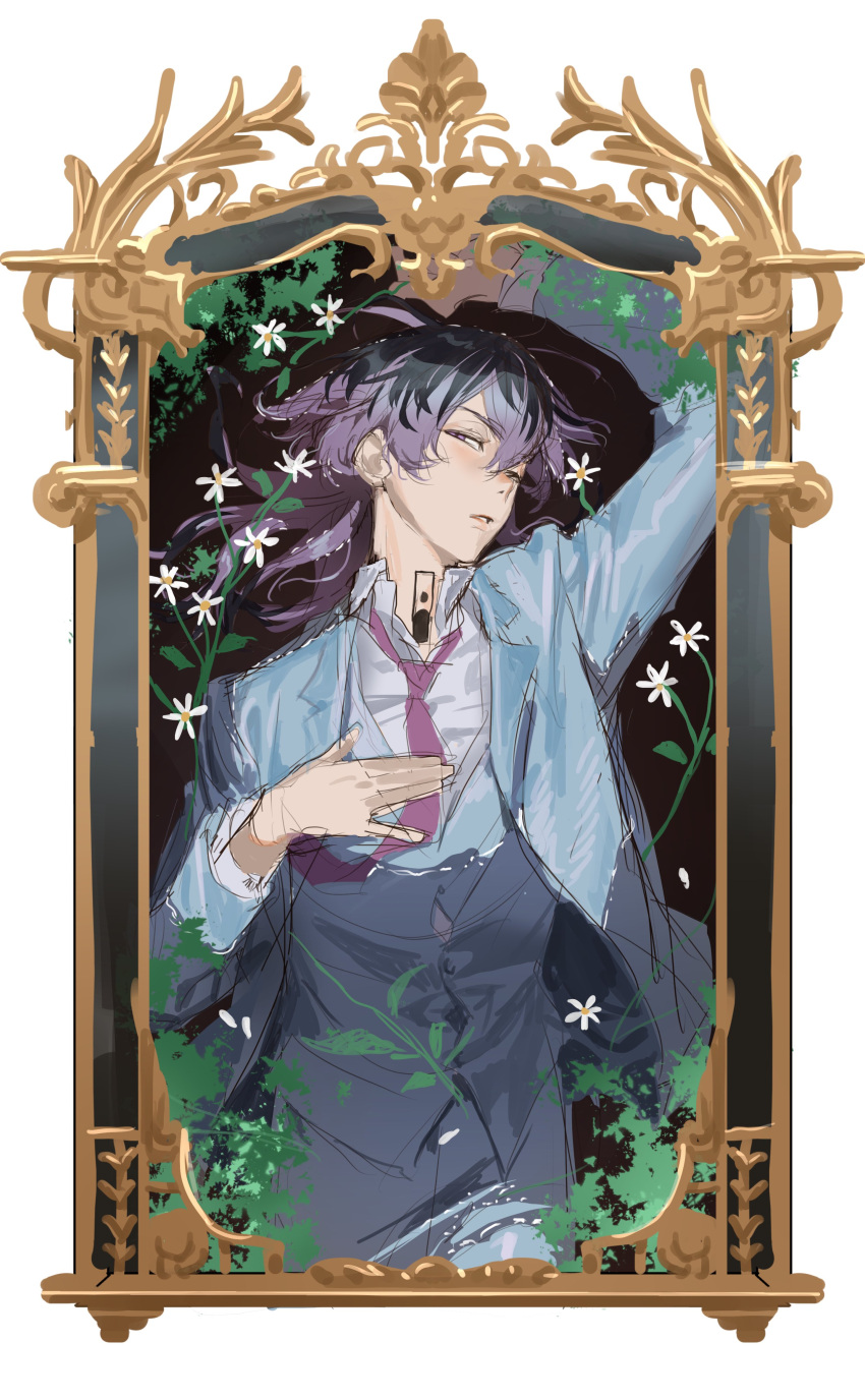 1boy absurdres arm_above_head blue_suit blush chamuring haitani_rindou hand_on_own_chest head_tilt highres light_blue_dress light_blue_jacket looking_at_viewer lying male_focus multicolored_hair neck_tattoo necktie on_back one_eye_closed parted_lips plant purple_hair purple_necktie suit tattoo tokyo_revengers two-tone_hair vest violet_eyes wolf_cut