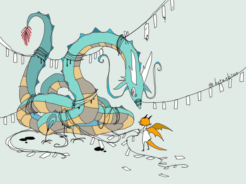 1boy bound commentary_request dragon dragon_boy dragon_horns dragon_tail dragon_wings eastern_dragon full_body green_background horns hotathino male_focus orange_hair original short_hair simple_background solo standing string_of_flags tail tied_up_(nonsexual) untying wings