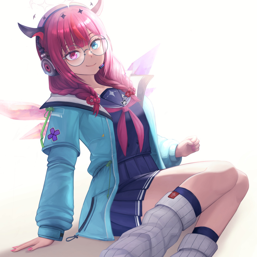 1girl aqua_jacket arm_support asymmetrical_wings black_sailor_collar black_serafuku black_shirt black_skirt blue_eyes blunt_bangs braid buttons closed_mouth commentary cross-shaped_pupils crystal_wings double-breasted feet_out_of_frame glasses headset heterochromia highres hololive hololive_english hood hooded_jacket horns irys_(gaming_casual)_(hololive) irys_(hololive) jacket layered_sleeves long_hair long_sleeves looking_at_viewer loose_socks low_twin_braids low_twintails miniskirt nail_polish neckerchief official_alternate_costume official_alternate_hairstyle pink_eyes pleated_skirt purple_nails red_neckerchief redhead round_eyewear ruraji sailor_collar school_uniform serafuku shirt short_over_long_sleeves short_sleeves sitting skirt smile socks solo symbol-shaped_pupils twin_braids twintails virtual_youtuber white_socks wings yokozuwari