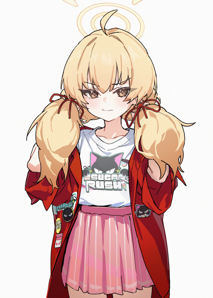 1girl absurdres ahoge blonde_hair blue_archive blush closed_mouth collarbone cowboy_shot hair_between_eyes halo highres jacket long_hair looking_at_viewer low_twintails official_alternate_costume open_clothes open_jacket pink_skirt pleated_skirt r1zen red_jacket shirt simple_background skirt solo twintails white_background white_shirt yellow_eyes yellow_halo yoshimi_(band)_(blue_archive) yoshimi_(blue_archive)