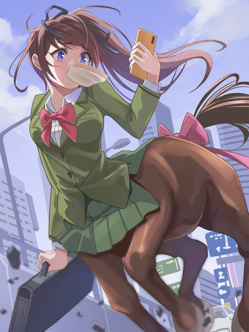 1girl absurdres bag being_late blue_ribbon blue_sky bow bowtie bread bread_slice breasts brown_hair car cellphone centaur clouds collared_shirt commentary_request day food food_in_mouth green_jacket green_skirt hair_between_eyes hair_ribbon highres highway holding holding_bag holding_phone hooves horse_tail jacket late_for_school long_hair long_sleeves looking_at_phone medium_breasts monster_girl motor_vehicle mouth_hold multiple_legs nikulas_cage original outdoors phone pink_bow pink_bowtie pleated_skirt ponytail ribbon road_sign rubble running school_uniform shirt sidelocks sign skirt sky smartphone solo tail taur toast toast_in_mouth violet_eyes white_shirt