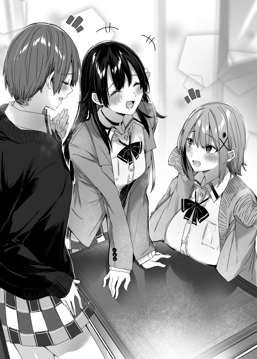+++ 3girls absurdres arm_support blush bow bowtie breast_rest breasts breasts_on_table cardigan closed_eyes collared_shirt drop_shadow furrowed_brow greyscale hand_up hands_up highres jacket kakao_(chocolate_land) large_breasts long_hair long_sleeves lower_teeth_only miniskirt monochrome multiple_girls novel_illustration official_art open_mouth plaid plaid_skirt school_uniform shirt short_hair sidelocks sitting skirt sleeves_past_fingers sleeves_past_wrists standing talking teeth upper_teeth_only wing_collar