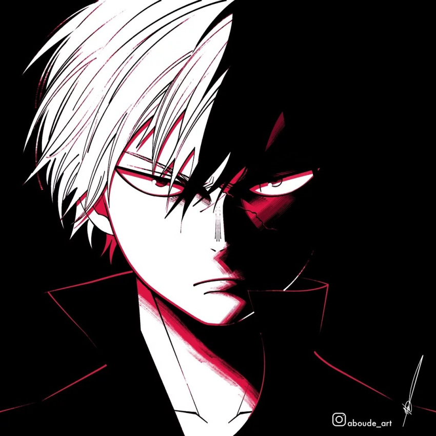 1boy aboude_art artist_name boku_no_hero_academia closed_mouth collarbone commentary english_commentary hair_between_eyes high_collar limited_palette looking_at_viewer male_focus short_hair signature solo spot_color todoroki_shouto