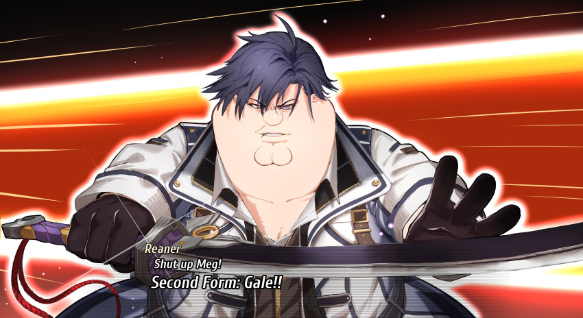 1boy absurdres black_gloves black_hair cleft_chin coat commission cosplay eiyuu_densetsu english_text family_guy fat fat_man gloves highres holding holding_sword holding_weapon kowai_(iamkowai) looking_at_viewer male_focus peter_griffin rean_schwarzer rean_schwarzer_(cosplay) sen_no_kiseki short_hair solo sword violet_eyes weapon white_coat