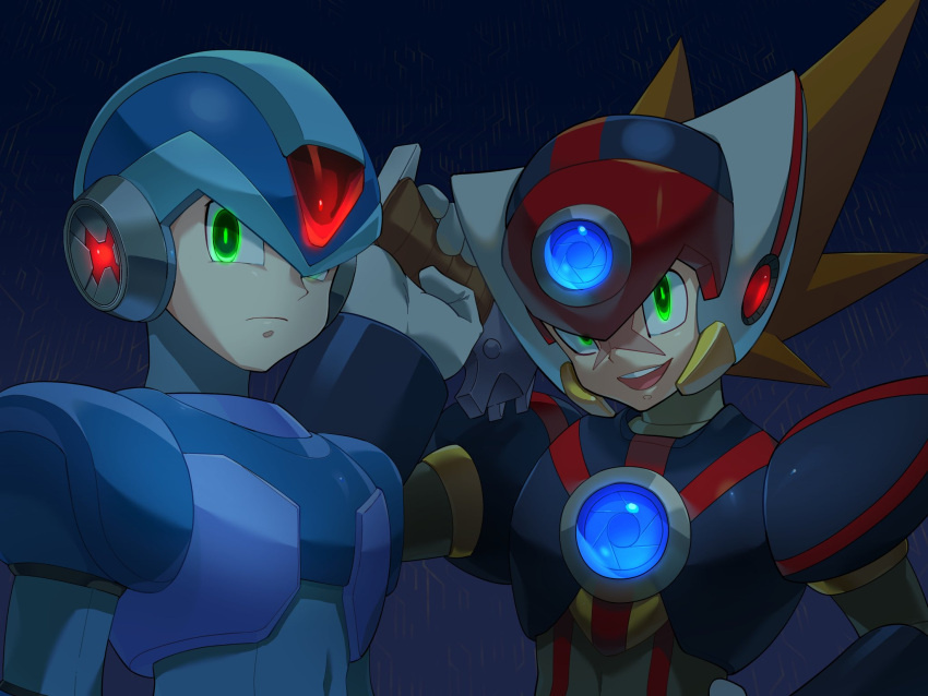 2boys android armor axl_(mega_man) black_armor blue_armor blue_helmet brown_hair chest_jewel commentary_request cross_scar dark_background forehead_jewel glowing glowing_eyes gradient_background green_eyes gun helmet highres holding holding_gun holding_weapon looking_at_viewer male_focus medium_hair mega_man_(series) mega_man_x_(series) multiple_boys o_deko open_mouth over_shoulder red_helmet scar scar_on_face shoulder_armor spiky_hair upper_body weapon weapon_over_shoulder