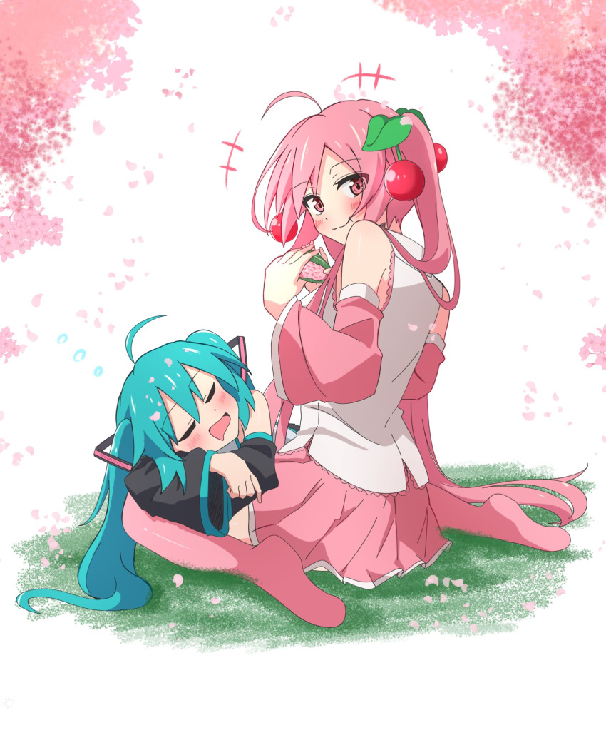 2girls ahoge blue_hair blush boots cherry_blossoms cherry_hair_ornament closed_eyes detached_sleeves drooling dual_persona eating food food-themed_hair_ornament hair_ornament hatsune_miku highres holding holding_food lap_pillow long_hair long_sleeves looking_back mouth_drool multiple_girls open_mouth oyu_(umyu13137) petals pink_eyes pink_hair sakura_miku sakura_mochi shirt sitting skirt sleeping sleeveless sleeveless_shirt smile thigh_boots twintails very_long_hair vocaloid wagashi wariza