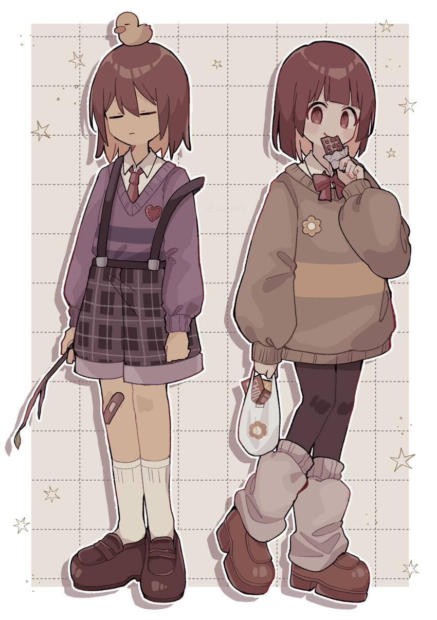 2others =_= absurdres adapted_costume animal_on_head bag bandaid bandaid_on_knee bandaid_on_leg bird bird_on_head black_pantyhose bow bowtie brown_eyes brown_footwear brown_hair chara_(undertale) chocolate closed_mouth collared_shirt colored_inner_hair deformed duck eating flower food frisk_(undertale) full_body grey_background grey_leg_warmers grey_sweater heart highres holding holding_bag holding_chocolate holding_food holding_stick kneehighs light_blush loafers long_sleeves multicolored_hair multiple_others necktie no_pants on_head outline outside_border pantyhose patterned_background plaid plaid_shorts puffy_long_sleeves puffy_sleeves purple_shorts purple_sweater red_bow red_bowtie red_necktie shadow shirt shoes short_hair shorts skn_1027 smile socks star_(symbol) stick striped_clothes suspender_shorts suspenders sweater tareme undertale walking white_outline white_shirt white_socks