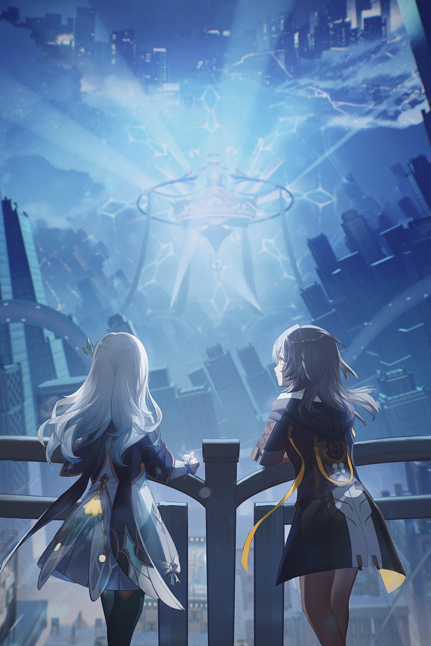 2girls absurdres against_railing black_jacket black_pantyhose building chinese_commentary city cityscape commentary_request cropped_jacket daokouniao dress facing_away firefly_(honkai:_star_rail) frilled_sleeves frills from_behind glowing grey_hair highres honkai:_star_rail honkai_(series) jacket long_sleeves medium_hair multiple_girls outdoors pantyhose procreate_(medium) railing scenery smile standing stelle_(honkai:_star_rail) trailblazer_(honkai:_star_rail) white_dress white_hair wide_shot yellow_eyes