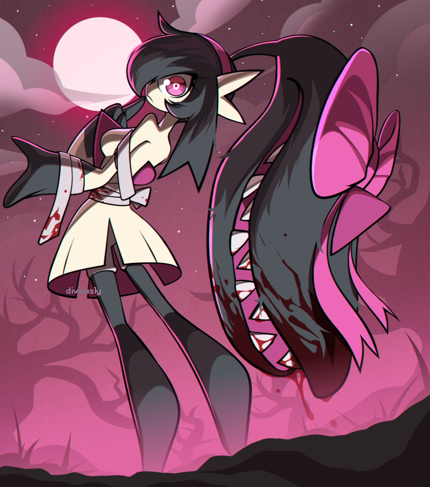 1girl bandages black_hair blood bow clouds diviously extra_mouth full_body full_moon fusion gardevoir hair_bow highres looking_at_viewer mawile moon night night_sky pink_bow pokemon pokemon_(creature) red_eyes ribbon sky solo teeth tree