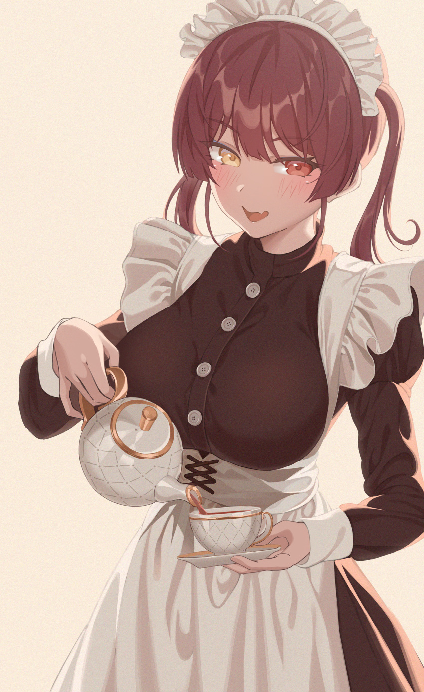 1girl :d absurdres alternate_costume apron blush breasts cup enmaided fang frills heterochromia highres holding holding_cup holding_plate holding_teapot hololive houshou_marine large_breasts long_hair long_sleeves looking_at_viewer maid maid_apron maid_headdress o-los open_mouth plate pouring red_eyes redhead simple_background smile solo teacup teapot twintails virtual_youtuber yellow_eyes