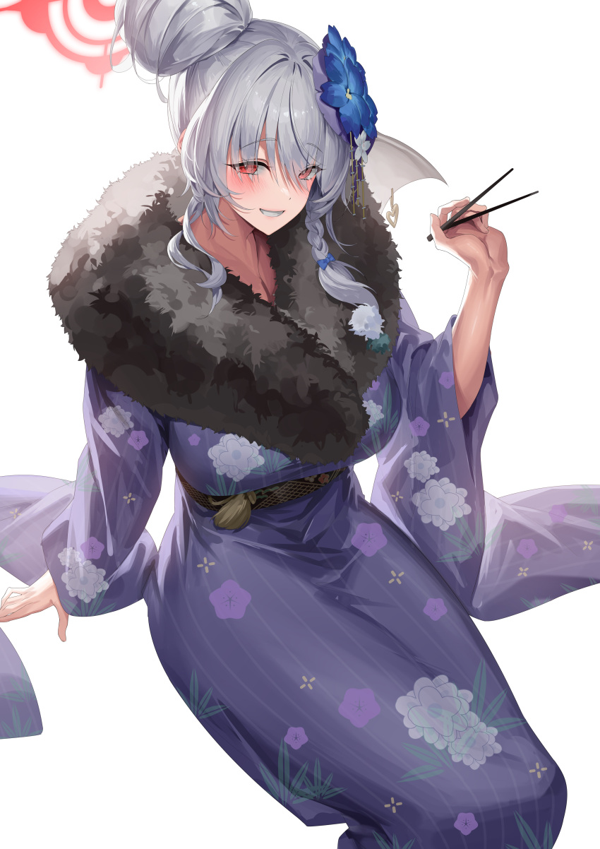 1girl absurdres blue_archive blue_flower blush braid chopsticks flower fur-trimmed_kimono fur_trim grey_hair grin hair_flower hair_ornament halo haruna_(blue_archive) haruna_(new_year)_(blue_archive) highres holding holding_chopsticks japanese_clothes kimono long_hair long_sleeves looking_at_viewer official_alternate_costume purple_kimono red_eyes red_halo side_braid simple_background smile solo white_background wide_sleeves yamanokami_eaka
