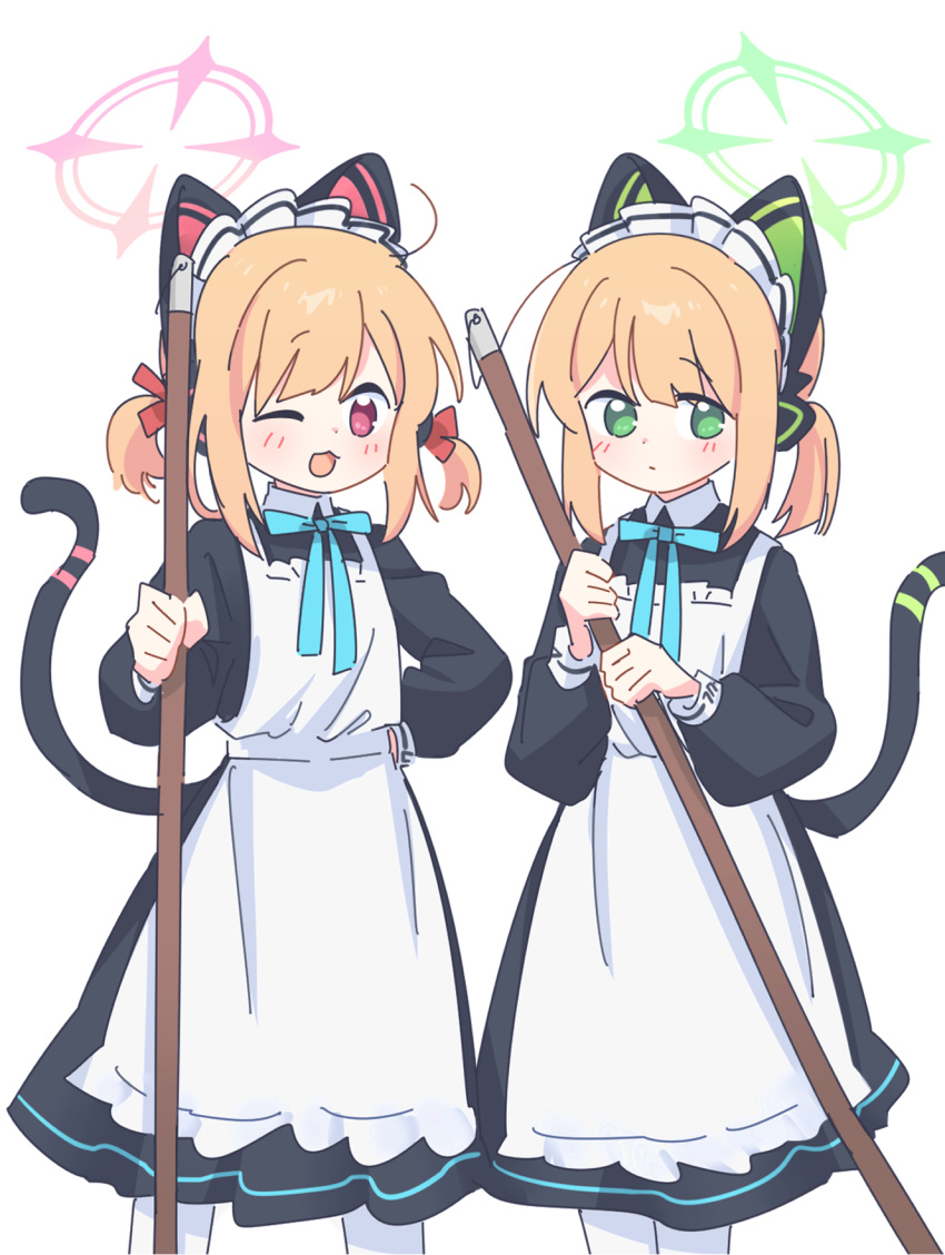 2girls animal_ear_headphones animal_ears apron blonde_hair blue_archive blush cat_ear_headphones cat_tail cowlick fake_animal_ears fake_tail feet_out_of_frame green_eyes halo hand_on_own_hip headphones highres holding holding_mop long_sleeves looking_at_viewer maid_apron maid_headdress midori_(blue_archive) midori_(maid)_(blue_archive) momoi_(blue_archive) momoi_(maid)_(blue_archive) mop multiple_girls official_alternate_costume one_eye_closed pantyhose pink_eyes seal_007 short_ponytail short_twintails siblings simple_background sisters tail twins twintails white_background white_pantyhose