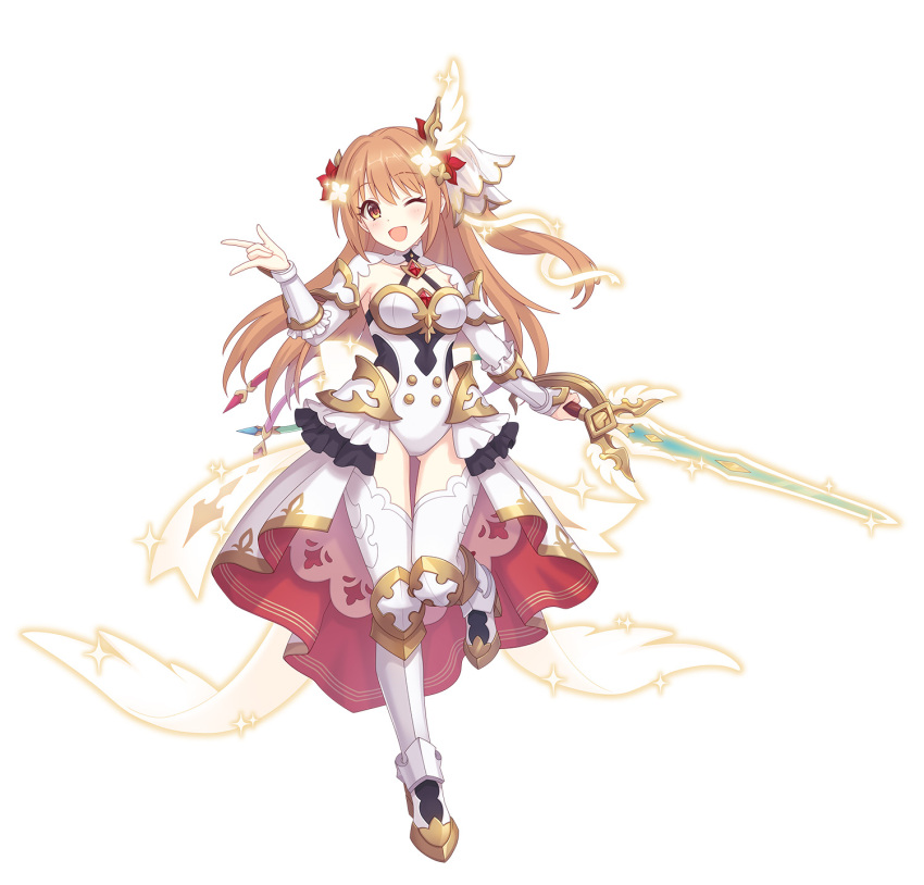 1girl armor blush breastplate breasts brown_hair cygames frills hair_ornament highres long_hair looking_at_viewer nozomi_(princess_connect!) official_art one_eye_closed open_mouth orange_eyes princess_connect! smile solo standing sword thigh-highs weapon white_thighhighs