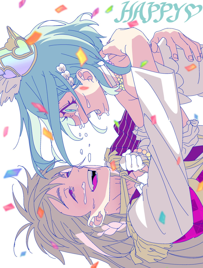 1boy 1girl :d anchiki_shou archived_source bad_id bad_twitter_id blue_hair confetti crown crying crying_with_eyes_open epaulettes facing_another half-closed_eyes hands_on_another's_back highres hug image_sample jacket king_of_prism_by_prettyrhythm long_hair long_sleeves looking_at_another lying on_back open_mouth pretty_rhythm pretty_series profile rinne_(pretty_rhythm) sad shine_(pretty_series) short_hair smile streaming_tears tears twitter_sample white_background white_jacket