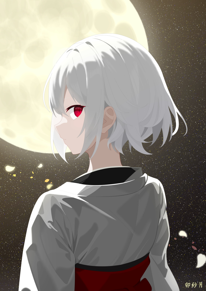 1girl absurdres artist_name closed_mouth full_moon grey_hair highres japanese_clothes kimono long_sleeves looking_at_viewer looking_back moon moonlight night night_sky original petals red_eyes sash shadow short_hair sky solo star_(sky) starry_sky tare4232 two-tone_kimono watermark white_hair white_kimono wide_sleeves