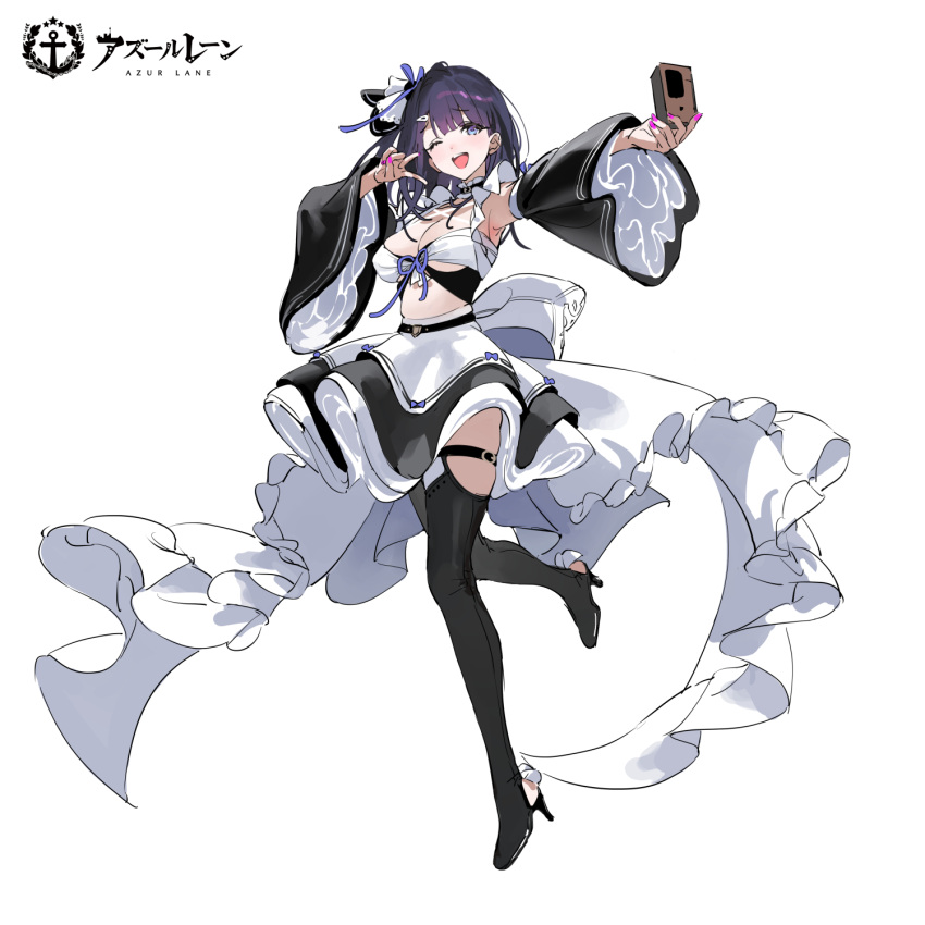 1girl \m/ azur_lane black_skirt black_thighhighs breasts cellphone dsmile full_body highres holding holding_phone large_breasts liverpool_(azur_lane) long_sleeves looking_at_viewer official_art one_eye_closed outstretched_arm phone promotional_art purple_hair royal_navy_emblem_(azur_lane) skirt smartphone solo thigh-highs thigh_strap two-tone_skirt white_skirt wide_sleeves