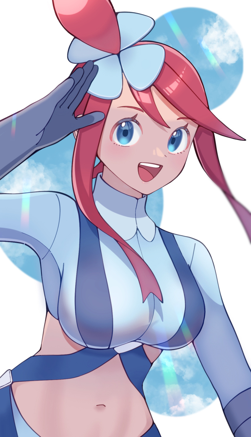 1girl :d arm_up blue_eyes blue_gloves blue_jacket blue_shorts breasts crop_top cropped_jacket gloves hair_ornament happy highres jacket kana_(kanna_runa0620) looking_at_viewer midriff navel one_side_up open_mouth pokemon pokemon_bw redhead short_hair_with_long_locks shorts sidelocks skyla_(pokemon) smile solo teeth tongue turtleneck upper_teeth_only