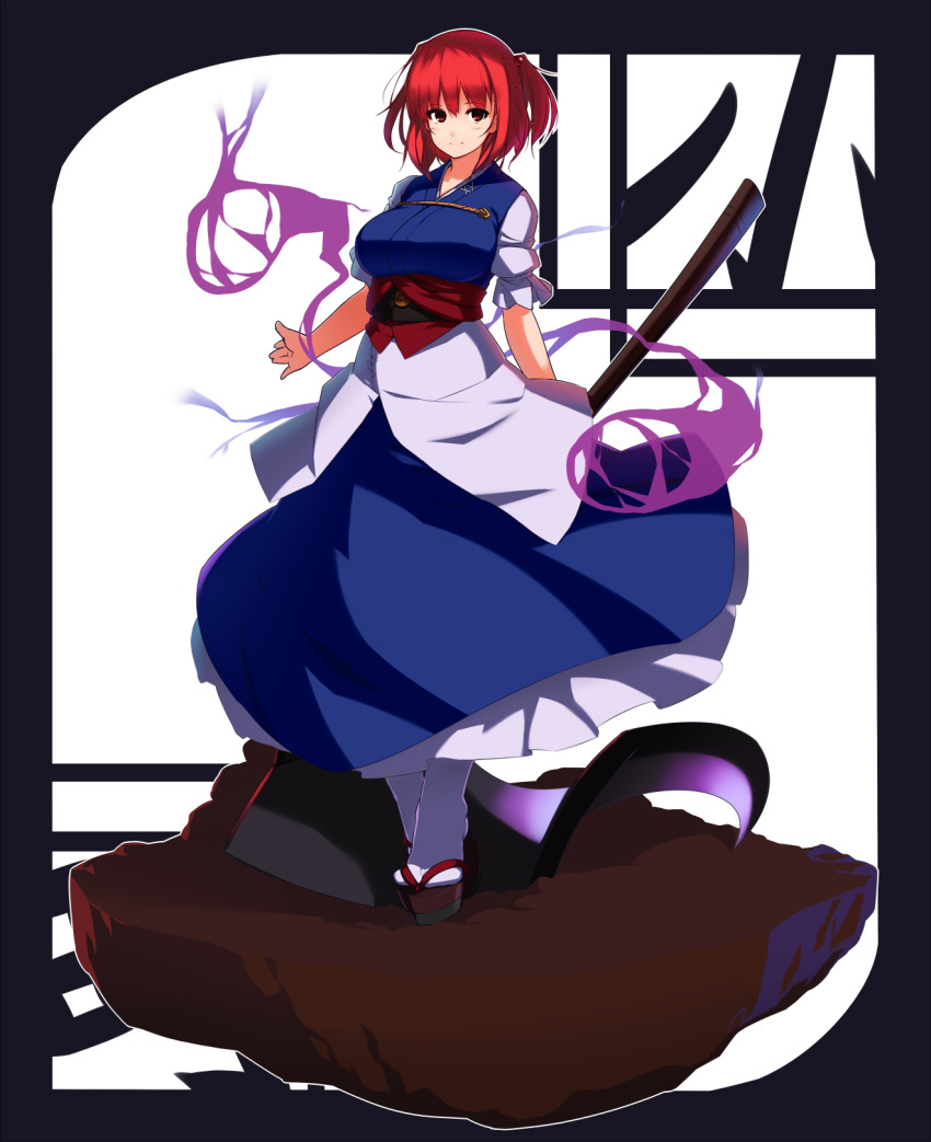 1girl black_footwear blue_dress commentary_request dress full_body hair_bobbles hair_ornament highres holding holding_scythe looking_at_viewer onozuka_komachi red_eyes redhead sash scythe short_hair solo totosu touhou two_side_up