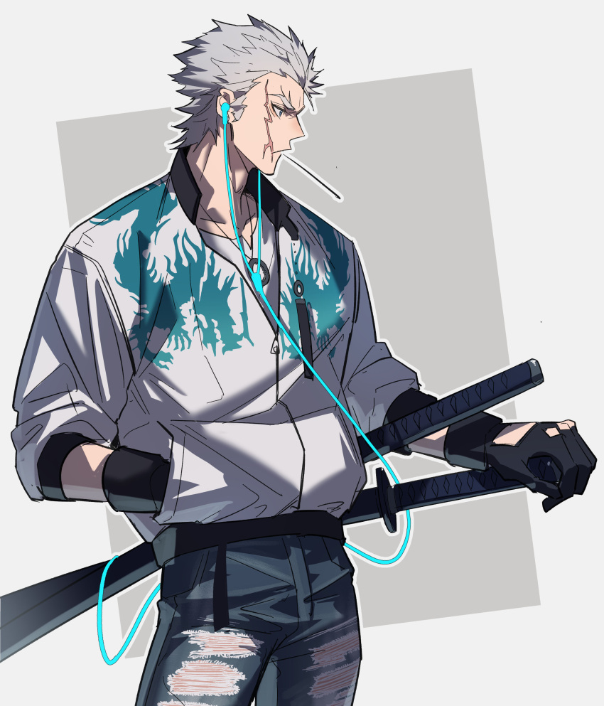 1boy absurdres black_gloves blue_eyes collared_jacket denim dragon_print earphones earphones fate/grand_order fate_(series) gloves grey_hair hair_slicked_back haruakira highres holding jacket jeans long_sleeves male_focus mouth_hold nagakura_shinpachi_(fate) pants partially_unzipped scar scar_on_cheek scar_on_face shirt short_hair stalk_in_mouth sword weapon white_jacket white_shirt zipper zipper_pull_tab