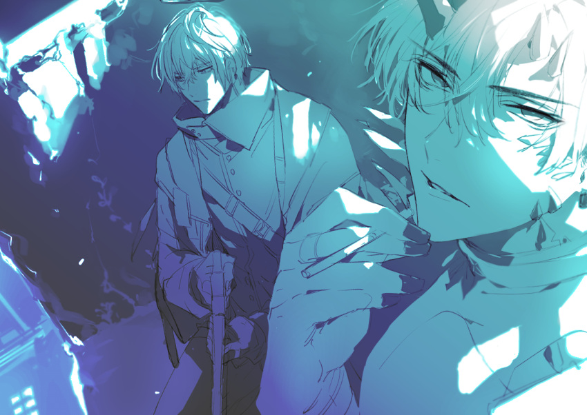 2boys arknights flamebringer_(arknights) hair_between_eyes holding horns looking_at_viewer looking_to_the_side multiple_boys open_mouth sleeveless sleeveless_turtleneck smoking toriyoshi turtleneck