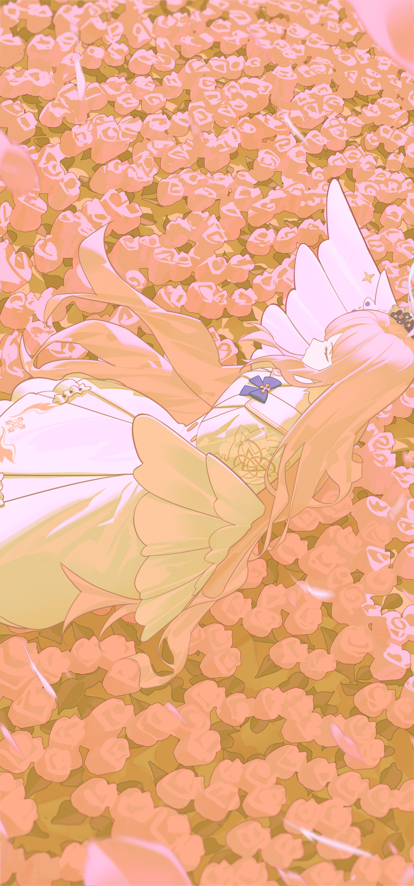 1girl absurdres angel_wings blue_archive blue_ribbon capelet closed_eyes commentary cross dress english_commentary field flower flower_field hair_ornament halo highres komodo long_hair low_wings lying mika_(blue_archive) on_back pink_flower pink_hair pink_halo ribbon sleeping solo trinity_general_school_logo very_long_hair white_capelet white_dress white_wings wing_ornament wings