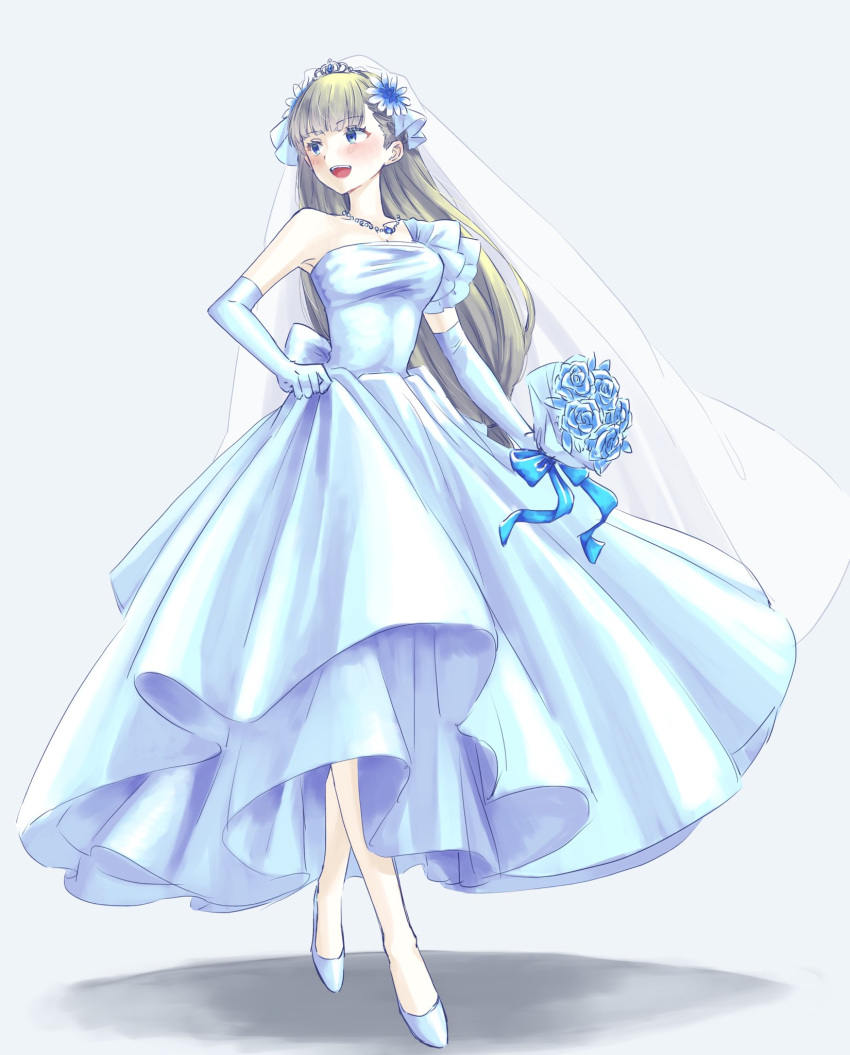 1girl :d banana_(8771207) blue_background blue_bow blue_dress blue_eyes blue_flower blue_ribbon blue_theme bouquet bow commentary_request crossed_legs dress elbow_gloves flower gloves grey_hair highres holding holding_bouquet jewelry lawine_(sousou_no_frieren) long_hair looking_to_the_side necklace ribbon simple_background skirt_hold smile solo sousou_no_frieren tiara watson_cross white_veil