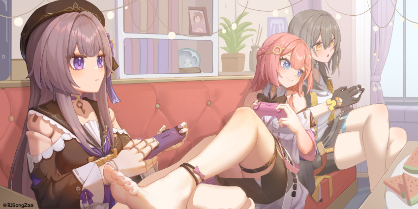 3girls absurdres ankle_strap asta_(honkai:_star_rail) barefoot black_dress black_gloves black_jacket black_shorts blush bookshelf breasts closed_mouth controller couch crossed_legs crystal_ball curtains doll_joints dress eyebrows_hidden_by_hair feet food frown fruit game_controller gloves grey_hair hair_between_eyes hair_ornament head_on_another's_shoulder herta_(honkai:_star_rail) highres holding holding_controller holding_game_controller honkai:_star_rail honkai_(series) incredibly_absurdres jacket joints legs legs_on_another's_lap long_bangs long_hair multiple_girls nail_polish on_couch open_mouth orange_hair plant portrait potted_plant shirt shorts signature sitting small_breasts smile soles songzzz stelle_(honkai:_star_rail) toenail_polish toenails toes trailblazer_(honkai:_star_rail) violet_eyes watermelon watermelon_slice white_dress white_hat white_shirt window_shadow