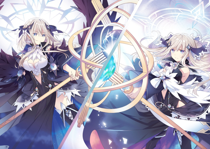 2girls blonde_hair bow breasts clothing_cutout collar cross-laced_footwear detached_sleeves dress hair_ornament halo highres jewelry kuozaki_saika looking_at_viewer medium_breasts multicolored_eyes multiple_girls navel_cutout ou-sama_no_propose thigh-highs tsunako weapon
