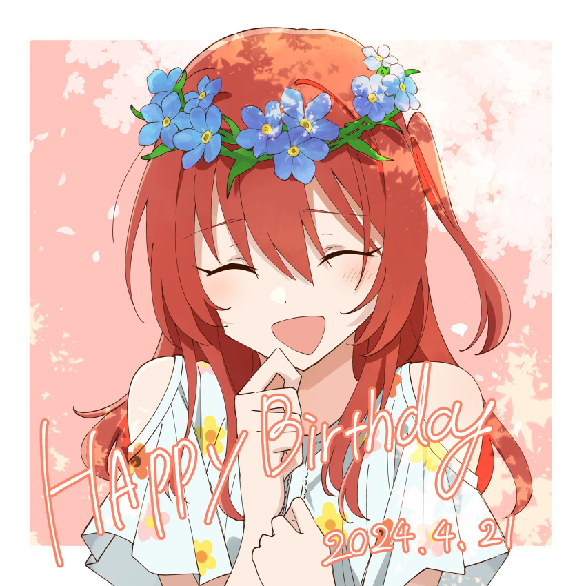1girl :d ^_^ blue_flower bocchi_the_rock! closed_eyes clothing_cutout dated facing_viewer floral_print flower flower_wreath happy_birthday head_wreath highres kanaria_hisagi kita_ikuyo long_hair one_side_up open_mouth outside_border redhead shirt short_sleeves shoulder_cutout smile solo upper_body white_shirt