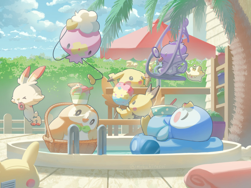 &gt;_&lt; basket closed_eyes clouds commentary_request cotton_candy day doughnut drifloon eating espurr food head_tilt highres holding ice_cream ice_cream_cone innertube milcery mokukitusui no_humans outdoors pichu pikachu piplup pokemon pokemon_(creature) pool pool_ladder rowlet scorbunny sky swim_ring table